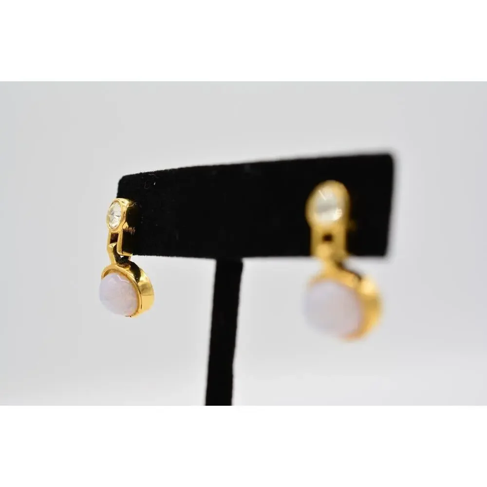 Givenchy Vintage Opal Cabochon Earrings Pink Gold Crystal Dangle Signed BinAI - Picture 3 of 12